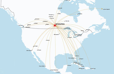 Map of North America showing the direct flights from Winnipeg 